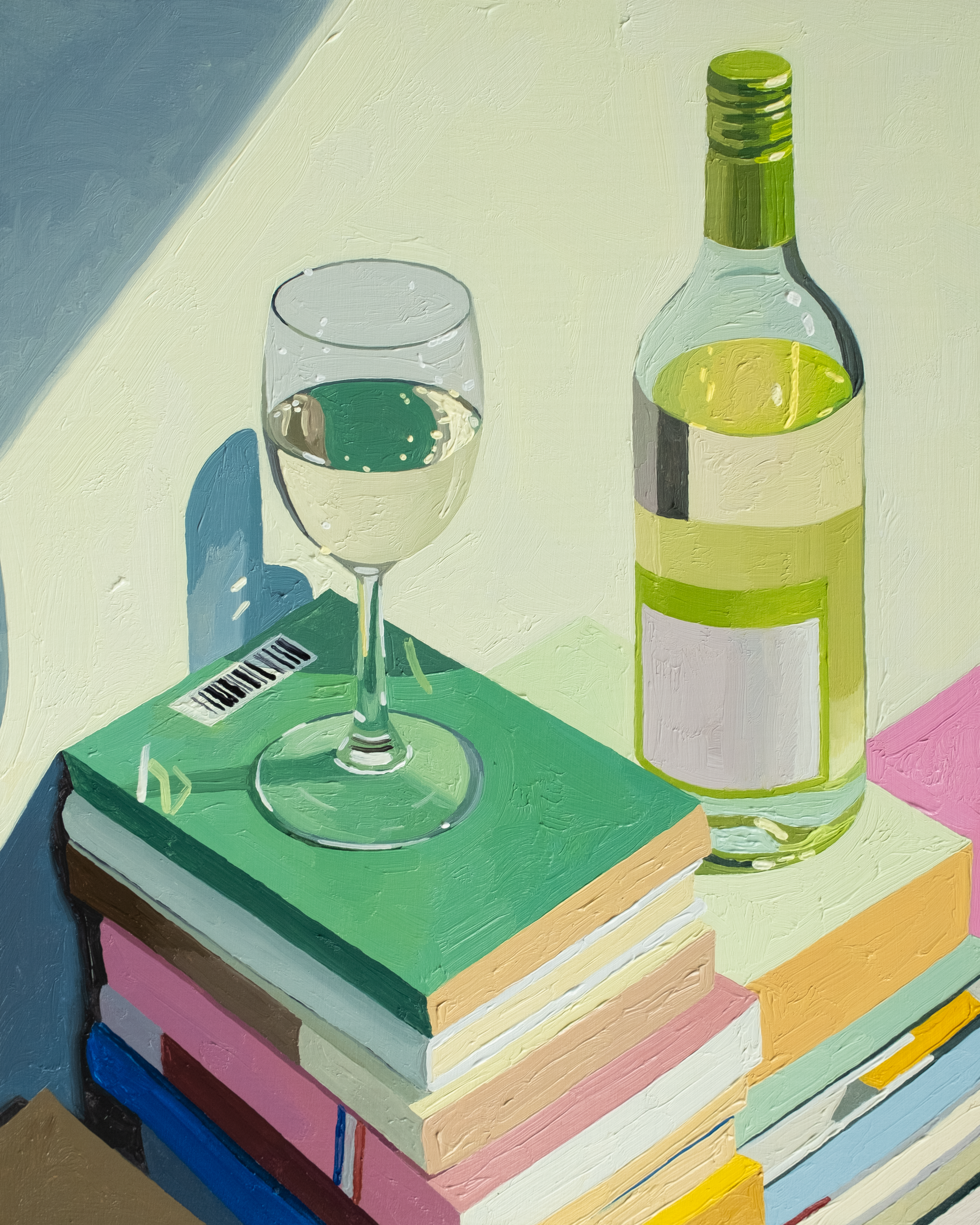 Oil painting of a glass of white wine and a bottle of white wine sitting on a stack of books with warm sunlight. By Leah Gardner.